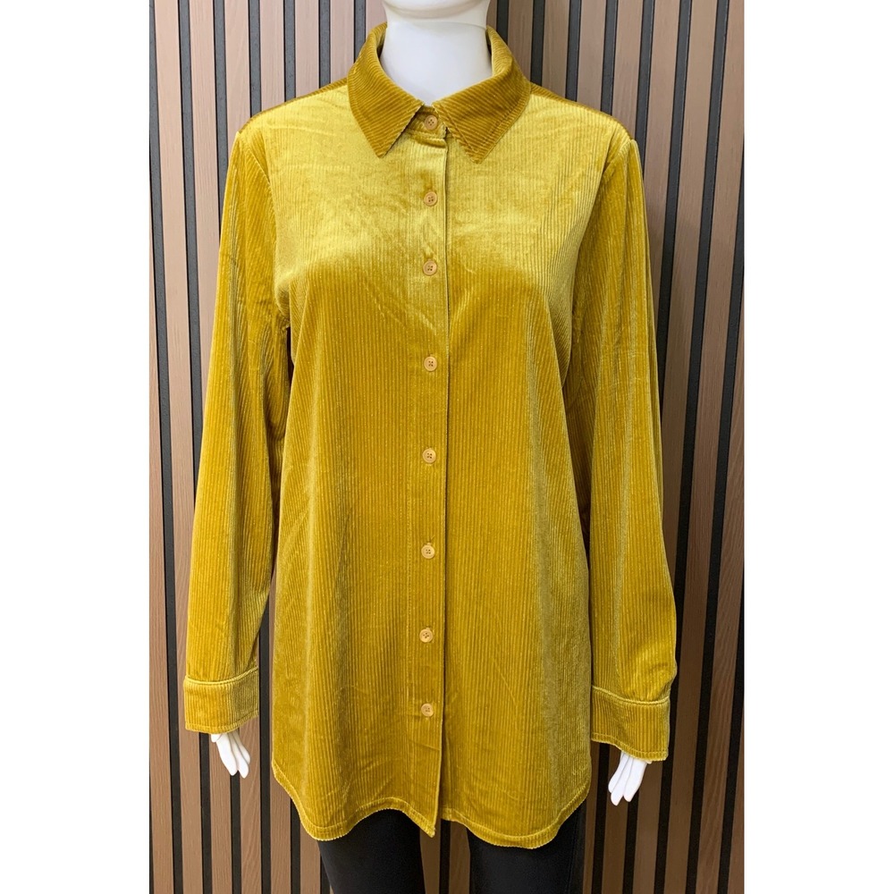 Soft Surroundings Chartreuse Ribbed Velvet Button Down Shirt Yellow Lagenlook